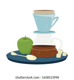 Flat vector hario with a green apple. Alternative methods of brewing coffee. Coffee culture.