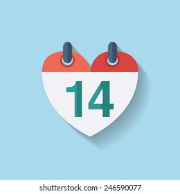 Flat vector heart calendar icon with the date 14th of February of the Valentines day