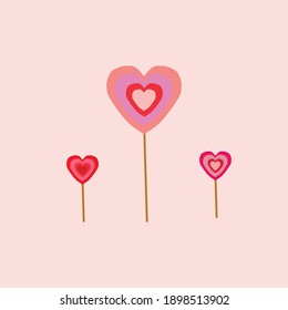 Flat vector hearts lollipops balloons on simple pastel pink background. Gift for saint Valentine day love print card or poster, invitation.