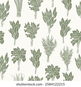 Flat vector herbs bunches background. Sage, chives, basil, laurel bay, rosemary, coriander, parsley