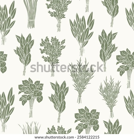 Flat vector herbs bunches background. Sage, chives, basil, laurel bay, rosemary, coriander, parsley