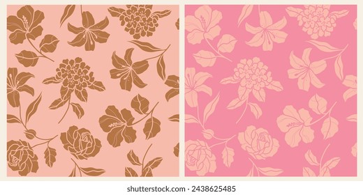 Flat vector hibiscus, tiger lily, rhododendron, rose seamless pattern