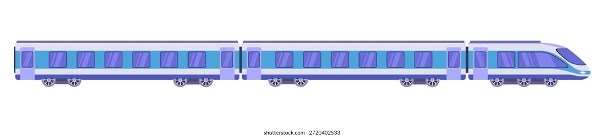 Flat vector high speed train illustration with multiple cars. Modern cartoon passenger railway transport isolated on white background for travel, commute, urban mobility concepts.