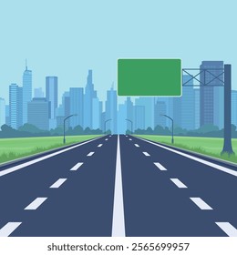 Flat Vector Highway Entering Modern City With Skyscrapers. Scenic Urban Road Leading Into Metropolis Background. Green Rectangular Blank Sign For Text. Urban Development, Cityscape Design