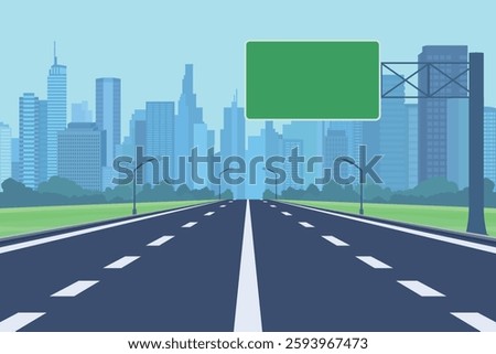 Flat Vector Highway Entering Modern City With Skyscrapers. Scenic Urban Road Leading Into Metropolis Background. Green Rectangular Blank Sign For Text. Urban Development, Cityscape Design