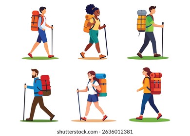 Flat vector hiking characters. Perfect for outdoor-themed designs, travel blogs, posters, and more.