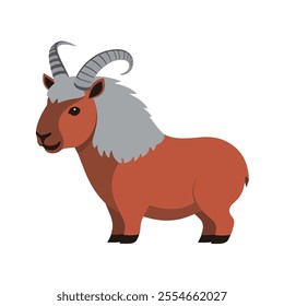 Flat Vector Himalayan Tahr Illustration, Cartoon Design with Reddish Brown Body and Curved Horns, Clean Minimalist Style