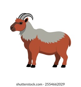 Flat Vector Himalayan Tahr Illustration, Cartoon Design with Reddish Brown Body and Curved Horns, Clean Minimalist Style