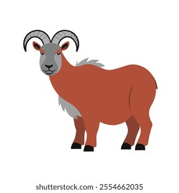 Flat Vector Himalayan Tahr Illustration, Cartoon Design with Reddish Brown Body and Curved Horns, Clean Minimalist Style