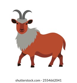 Flat Vector Himalayan Tahr Illustration, Cartoon Design with Reddish Brown Body and Curved Horns, Clean Minimalist Style