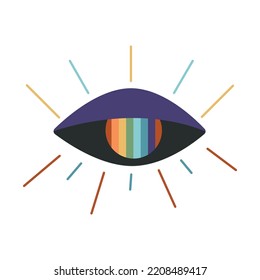 Flat vector hippy boho illustration. Hand drawn retro groovy all seeing eye. Clipart elements isolated on white background