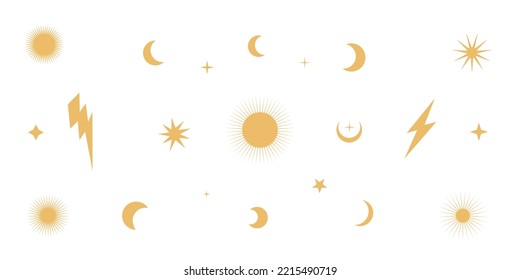 Flat vector hippy boho illustration. Hand drawn retro groovy celestial set elements, sun, stars, lightnings. Clipart elements isolated on white background