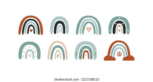 Flat vector hippy boho illustration. Hand drawn retro groovy rainbow. Clipart elements isolated on white background