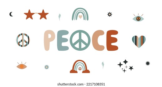 Flache Vektorgrafik-Hippy-Boho-Illustration. Handgezeichnete Retro-Groovy-Elemente und Friedensstiftung. Videokunstelemente einzeln auf weißem Hintergrund