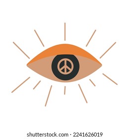 Flat vector hippy boho illustration. Hand drawn retro groovy all seeing eye. Clipart elements isolated on white background