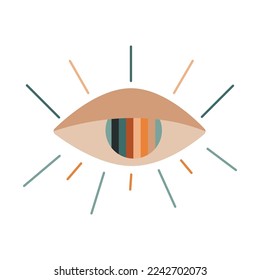 Flat vector hippy boho illustration. Hand drawn retro groovy all seeing eye. Clipart elements isolated on white background