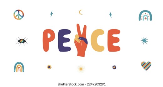 Flat vector hippy boho illustration. Hand drawn retro groovy elements and peace lettering. Clipart elements isolated on white background