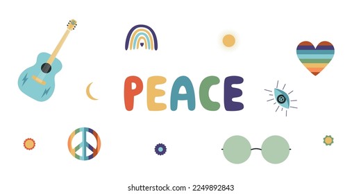 Flat vector hippy boho illustration. Hand drawn retro groovy elements and peace lettering. Clipart elements isolated on white background