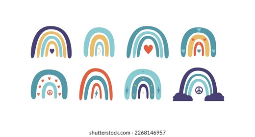 Flat vector hippy boho illustration. Hand drawn retro groovy rainbows set. Clipart elements isolated on white background