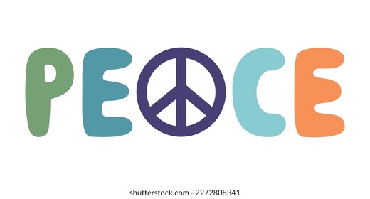 Flat vector hippy boho illustration. Hand drawn retro groovy peace lettering. Clipart elements isolated on white background