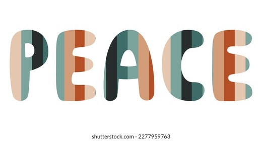 Flat vector hippy boho illustration. Hand drawn retro groovy peace lettering. Clipart elements isolated on white background