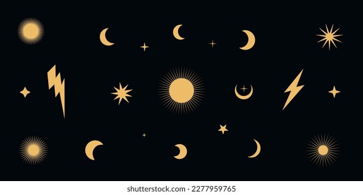 Flat vector hippy boho illustration. Hand drawn retro groovy celestial set elements, sun, stars, lightnings. Clipart elements isolated on white background
