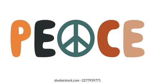 Flat vector hippy boho illustration. Hand drawn retro groovy peace lettering. Clipart elements isolated on white background