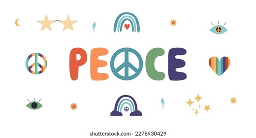 Flat vector hippy boho illustration. Hand drawn retro groovy elements and peace lettering. Clipart elements isolated on white background