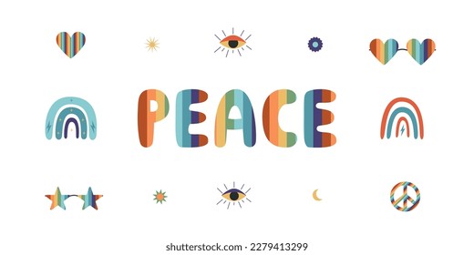 Flat vector hippy boho illustration. Hand drawn retro groovy elements and peace lettering. Clipart elements isolated on white background