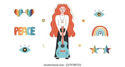 Flat vector hippy boho illustration. Hand drawn retro groovy elements and peace lettering. Clipart elements isolated on white background