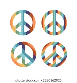 Flat vector hippy boho illustration. Hand drawn retro groovy pacific, peace symbol. Clipart elements isolated on white background