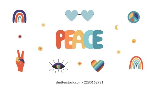 Flat vector hippy boho illustration. Hand drawn retro groovy elements and peace lettering. Clipart elements isolated on white background