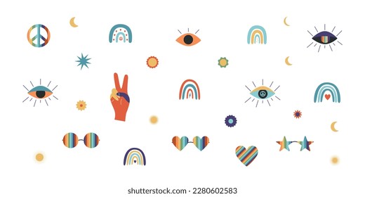 Flat vector hippy boho illustration. Hand drawn retro groovy elements. Clipart elements isolated on white background