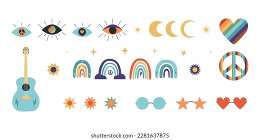 Flat vector hippy boho illustration. Hand drawn retro groovy elements. Clipart elements isolated on white background