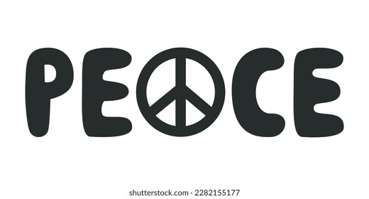 Flat vector hippy boho illustration. Hand drawn retro groovy peace lettering. Clipart elements isolated on white background