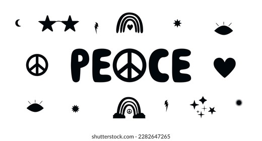 Flat vector hippy boho illustration. Hand drawn retro groovy elements and peace lettering. Clipart elements isolated on white background