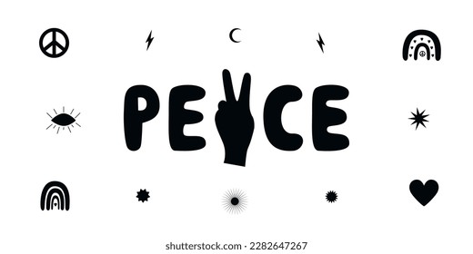Flat vector hippy boho illustration. Hand drawn retro groovy elements and peace lettering. Clipart elements isolated on white background