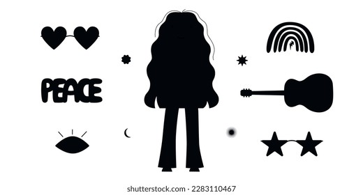 Flat vector hippy boho illustration. Hand drawn retro groovy elements and peace lettering. Clipart elements isolated on white background