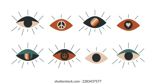 Flat vector hippy boho illustration. Hand drawn retro groovy all seeing eye. Clipart elements isolated on white background