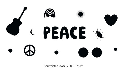 Flat vector hippy boho illustration. Hand drawn retro groovy elements and peace lettering. Clipart elements isolated on white background