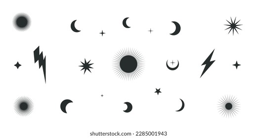 Flat vector hippy boho illustration. Hand drawn retro groovy celestial set elements, sun, stars, lightnings. Clipart elements isolated on white background