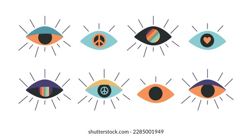 Flat vector hippy boho illustration. Hand drawn retro groovy all seeing eye. Clipart elements isolated on white background