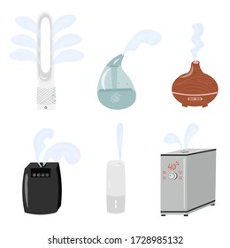 Flat vector home air humidifier, air cleaner, vaporizer. Set of nice vector trending humidifiers. Humidification of the room. Modern technology for the home.