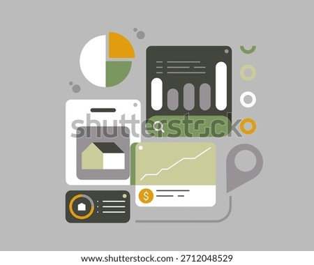 Flat vector home infographic showing house icon, mortgage card, price tag, location pin, and charts, representing real estate, housing data, and property management.