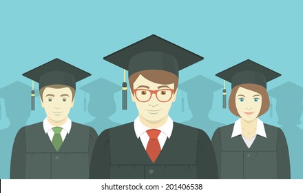 Flat vector horizontal illustration of the group of college, institute or university graduates in graduation gowns and mortarboards