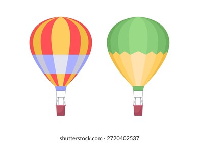 Conjunto de globos de aire caliente de Vector plano. Globos voladores coloridos de la historieta aislados en el fondo blanco para el viaje, la aventura, el festival, el ocio, los conceptos de la aviación.