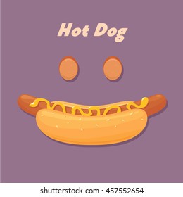 flat vector Hot Dog, Hot Dog Food, Loaf of bread, sausage, mustard