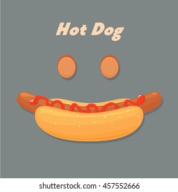 flat vector Hot Dog, Hot Dog Food, Loaf of bread, sausage, ketchup