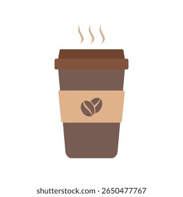 Flat vector of a hot takeaway coffee cup with steam, brown lid, and coffee bean logo on the sleeve. Ideal for cafe branding, food delivery, barista, breakfast, and coffee related visuals.