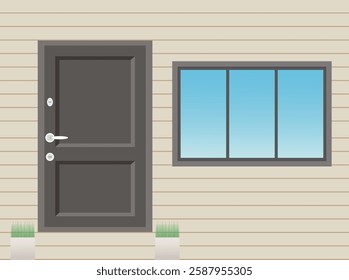 Flat Vector House Facade with Door, Window, and Plants